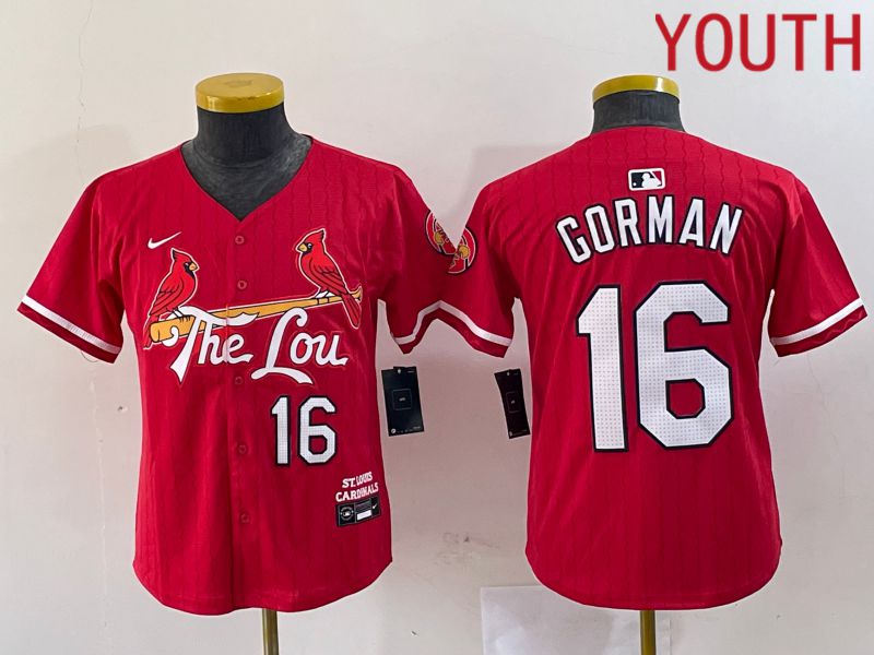 Youth St.Louis Cardinals #16 Gorman Red City Edition 2024 Nike MLB Jersey style 1